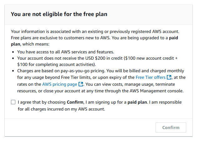 AWS Notification - You are not eligible for the free plan.